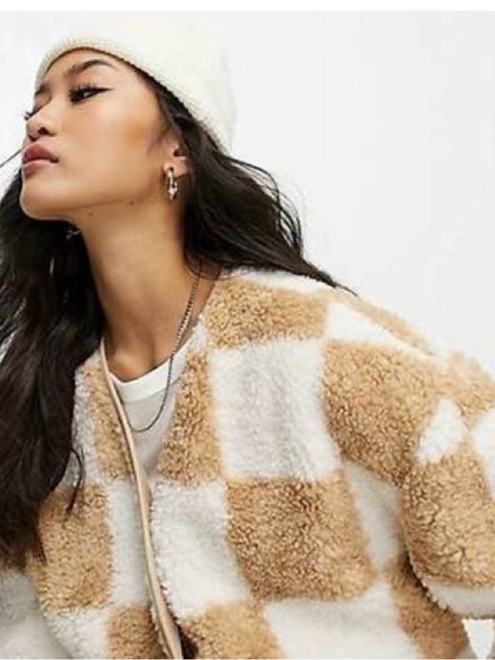 Abercrombie Cream & Tan Check Plush Jacket - Women's Cozy Coat